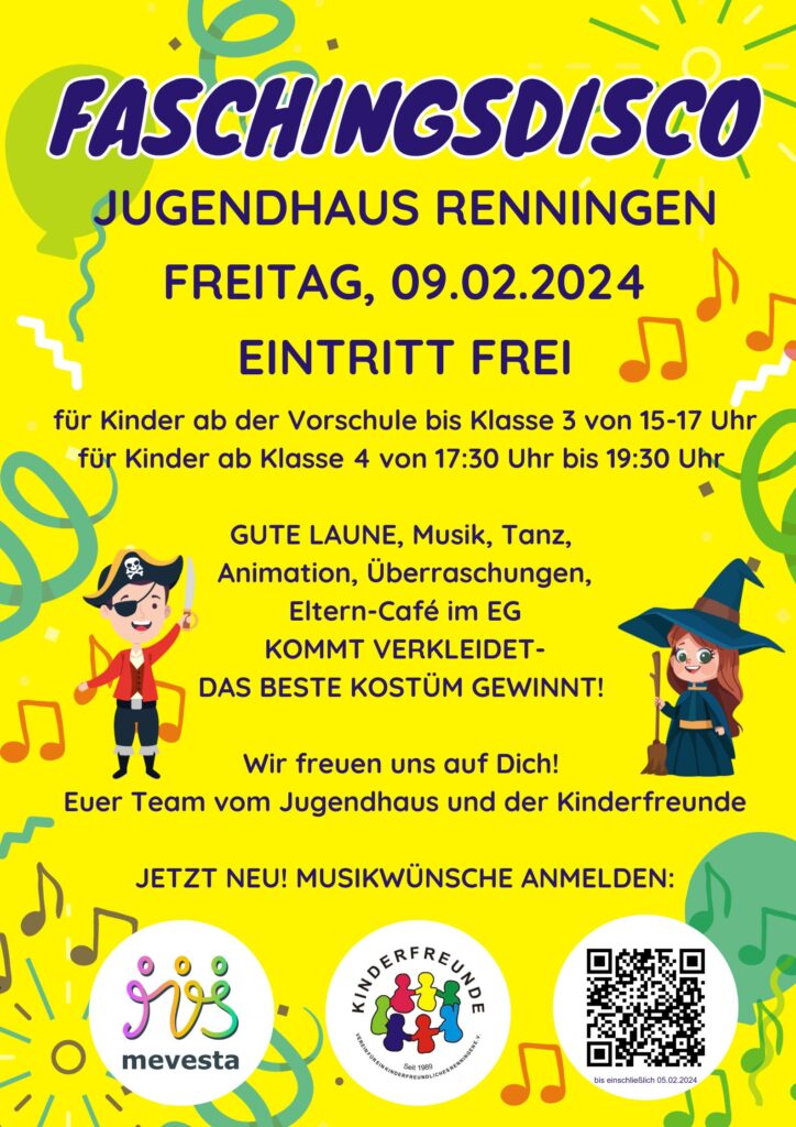 Herzliche Einladung zur Faschingsdisco am 09.02.2024 im Jugendhaus Renningen. Eintritt Frei.